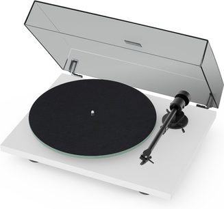 Hi-fi platenspeler Pro-Ject T1 EVO BT mat wit met zwarte ronde draaitafel, zwarte toonarm en open transparante afdekking