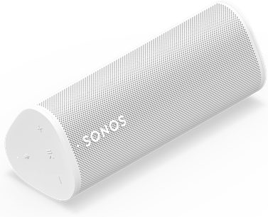 Cassa Bluetooth Sonos Roam 2 bianca, vista in prospettiva, griglia forata, pulsanti di comando sul lato