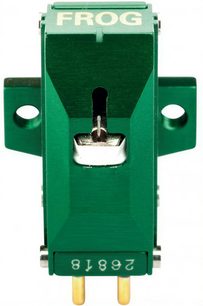 Testina per giradischi hi-fi Van den Hul The Frog Gold, vista frontale, corpo verde, scritta bianca, 2 connettori dorati