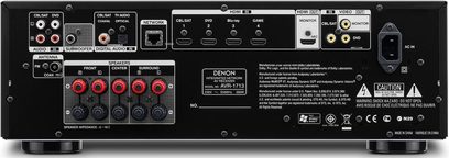 Denon AVR-1713 sort hjemmebiograf-forstærker, bagside, audio/video-tilslutninger, FM-antenne, højttalerstik, nærbillede