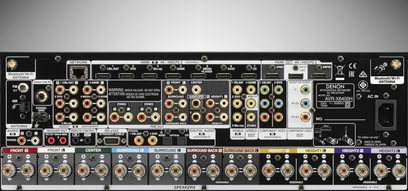 Denon AVR-X6400H sort hjemmebiografsforstærker, bagside, tæt centreret visning af lyd- og videostikkene