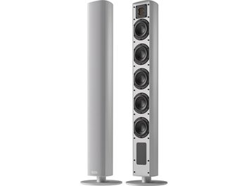 Vezeték nélküli Piega Ace 50 Wireless (TX + RT) okos hangszóró, elölről és oldalról nézve, 5 hangszóróval, kör alakú alappal