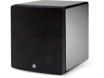 JL Audio Fathom V2 F113 parlak siyah subwoofer, kumaş ön panel ve sade logo ile üç çeyrek açıdan görünüm