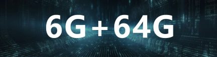 Hvid tekst '6G+64G' centreret på mørk blå digital baggrund med linjer og lysende prikker