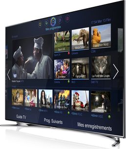 Samsung UE40F8000-fjernsyn, der viser en menu med programthumbnails, TV-guider og optagelser, set forfra