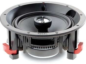 Altavoz empotrable Focal 100 ICW6 redondo gris y negro, altavoces visibles, rejilla protectora desmontable roja