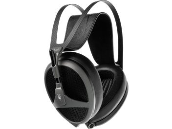 Відкриті дротові навушники Meze Audio Elite Tungsten, чорні, карбонове оголів’я, чашки з ґратчастою решіткою, вигляд під кутом 3/4, роз’єм mini XLR