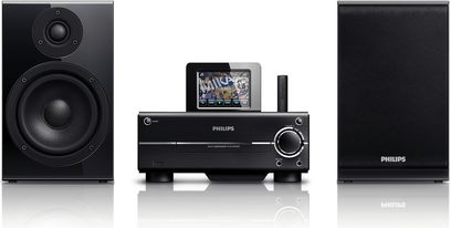 Philips MCI730 Hi-Fi mini-anlæg bestående af to højttalere, en forstærker med indbygget CD-afspiller og dockingstation til iPod