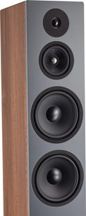 Diffusore da pavimento Krypton 10 Classik noce, vista angolare, parte frontale con 1 tweeter nero, 1 midrange testurizzato, 2 woofer circolari neri