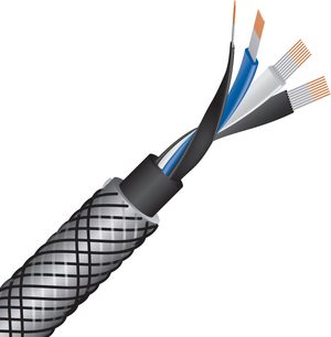 Analog XLR audio cable with black and silver braided sleeve, cut end exposing insulated conductors in blue, white, black, and copper.