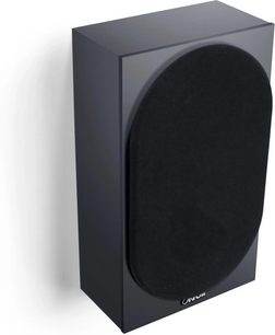 Sort vægmonteret Canton GLE 10 S2-højttaler, rektangulært kabinet med stor oval frontgrill set i trekvart profil