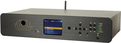 Atoll Electronique SDA200 sort alt-i-ét-system, frontbillede, sort rektangulært kabinet med sølvfarvet front, blåt LCD-display, knapper og tilslutninger