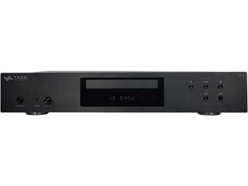 Odtwarzacz CD hi-fi Taga Harmony TCD-30 z czarnym panelem przednim, centralnym ekranem, przyciskami i złączami rozmieszczonymi na przedniej powierzchni