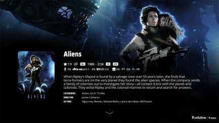 Movie poster featuring two characters in the center, one holding a weapon, dark background with a creature visible on the left.