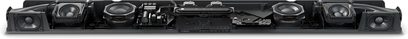 Soundbar Yamaha SR-X40A v uhlíkově šedé barvě, pohled zepředu, 8 kulatých reproduktorů, 2 obdélníkové výškové reproduktory, tlačítka a porty