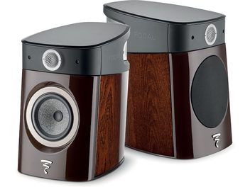 Акустичні системи Focal Sopra N°1 у макасарському дереві, вид спереду та з трьох чвертей, дерев'яний корпус, круглих динаміки
