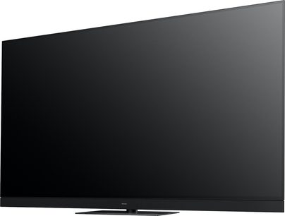 Televizor Panasonic TV-77Z93AEG s vysokým rozlišením, černá obrazovka, tenké rámečky, obdélníkový stojan, pohled ze tří čtvrtin