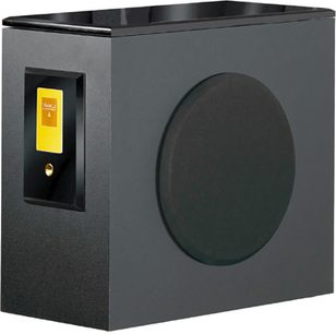 Triangle Meteor 0.1.5 sort subwoofer, set forfra, med cirkulær bass-reflex-port og tændt gul indikatorlampe