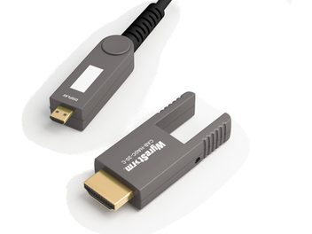Wyrestormi tumehall HDMI-kaabel CAB-HAOC-40-C kuldse värvusega ühendustega, nähtud ülalt ja küljelt