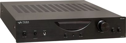 Taga Harmony HTA-600 sort hi-fi stereforstærker, frontpanel, top view, knapper og stik, sort gitter, mat sort kabinet