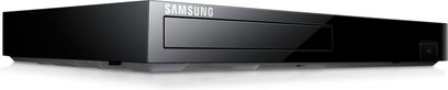 Samsung BD-F6500 sort 4K Blu-ray-afspiller, set forfra, rektangulær form der er længere vandret, blank front med knap og sprække til disk