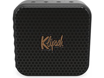 Caixa de som Bluetooth Klipsch Austin preta, vista frontal, grade perfurada, logotipo dourado no centro