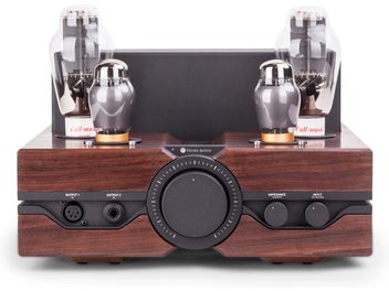 Feliks Audio Envy Performance high-fidelity headphone preamp in walnut, dark wood front panel with visible vacuum tubes