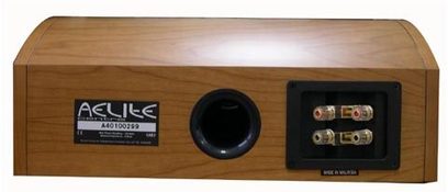 Centralny głośnik Acoustic Energy Aelite Centre w jasnym drewnie, z tweeterem i wooferami, widok z przodu
