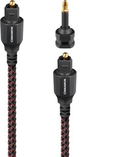 Audioquest Cinnamon siyah ve kırmızı örgülü naylon kaplamalı optik kablo, altın kaplı Toslink konnektörler ve mini optik adaptör, ön görünüm
