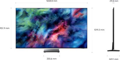 Samsung TMR75R95H fladskærms-tv i sort med tynde kanter, set forfra og i profil, farverigt abstrakt motiv