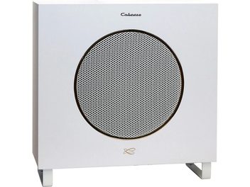 Subwoofer Cabasse Lipari 21 blanco, vista frontal, rejilla negra con malla hexagonal en caja cúbica blanca