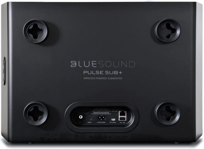 Subwoofer BlueSound PULSE SUB+ nero opaco, vista frontale, 4 altoparlanti circolari, display LED, connettività