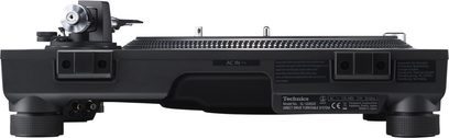 Teknisk hi-fi pladespiller SL-1210GREGK i sort, bagsigte der viser tilslutninger og tonearmen med pickup
