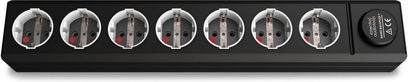 Multiprise EAT Essential Audio Tools MM7 sort med 7 runde røde stikkontakter og kontakt på siden, set forfra