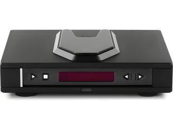 Rega Isis CDP zwarte cd-speler, vooraanzicht, rode display, hexagonale voorkant, zilveren knoppen en cd-lade