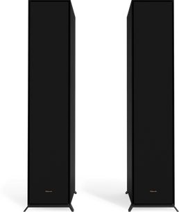 Deux enceintes colonnes noires Klipsch R-605FA, vues de face, positionnées verticalement et côte à côte