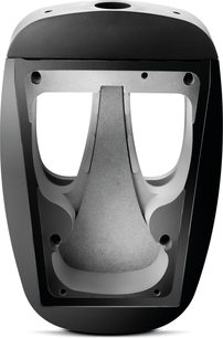 Focal Sopra N°1 schwarz lackiert, Vorderansicht, graue Innenstruktur, geschwungene Form, kreisförmige Öffnungen, glatte Oberfläche