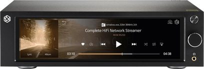 Rose RS250A black network audio player, matte metal casing, front view, large color screen and large knob on the right