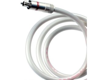White Van den Hul The Optocoupler MKII digital optical cable, with metal connectors at the ends, transparent sheath revealing the pink optical fiber inside