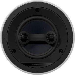 Zapuštěný stropní reproduktor Bowers & Wilkins CCM663SR černý, pohled zepředu, černá perforovaná mřížka, centrální výškový reproduktor