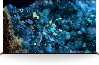 Sony XR65A80L televisie, plat scherm, vooraanzicht, blauwe en groene kristallen, dunne zwarte rand, subtiele standaard