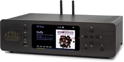 Lettore di rete Atoll Mini Streamer MS120 nero, case rettangolare opaco, pannello frontale con display, pulsanti dorati