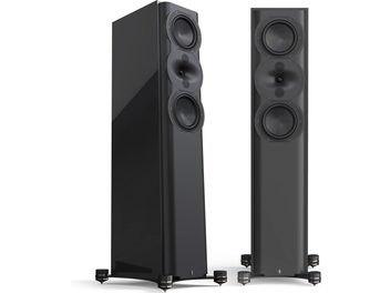 Altavoz de columna negro, vista frontal y en ángulo, 3 altavoces circulares, base metálica con patas ajustables