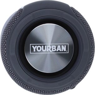 Bluetooth-højttaler Yourban Getone 30 grå MK2, set forfra, cirkulær metaloverflade med centreret logo, tekstureret kant