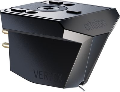 Black Ortofon MC Vertex hi-fi turntable cartridge with angular faces, three-quarter view