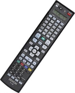 Dálkové ovládání Denon RC-1228 v černé barvě, pohled zepředu, s číselnými tlačítky a ovládáním multimédií, matný povrch