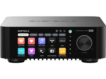 Ενισχυτής hi-fi stereo EverSolo Play σε μαύρο αλουμίνιο, όψη από μπροστά, με έγχρωμη οθόνη αφής στα αριστερά της πρόσοψης και μεγάλο κυκλικό περιστροφικό κουμπί έντασης με περίγραμμα στα δεξιά.