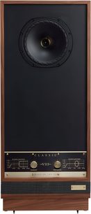 Diffusore da pavimento Fyne Audio Classic VIII in noce, vista frontale, pannello nero, altoparlante coassiale, due manopole Energy/Presence