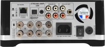 Cabasse Stream AMP 100 i sort lakeret, set forfra, analoge og digitale lydstik, Ethernet, Wi-Fi, kontrolknapper