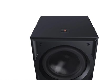 Perlisten R12s subwoofer, vooraanzicht, zwarte behuizing, centrale ronde luidspreker, metalen rooster, glad oppervlak